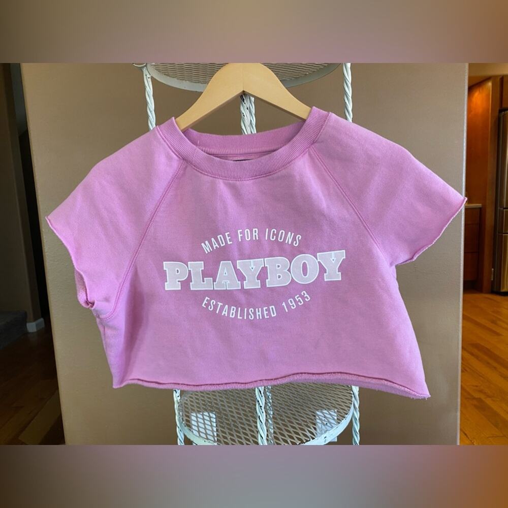 Playboy X Pacsun Shirt Pink Crop raw Edge Sweatshirt Size XS